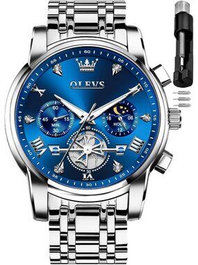 Mens Silver And Blue Skeleton Stainless Diamond Multi Calendar Chronograph Watch